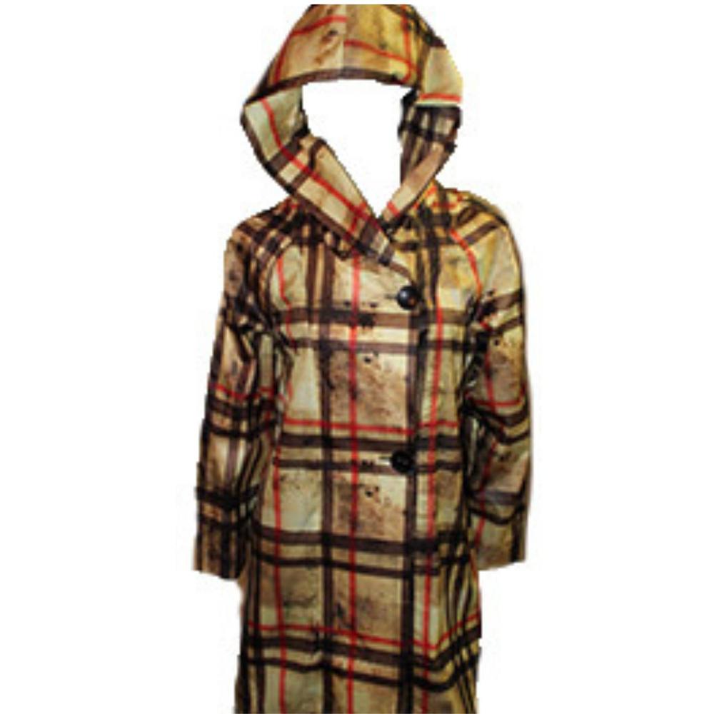 NEW ANGEL plaid side button long hooded rain jacket in gold multi